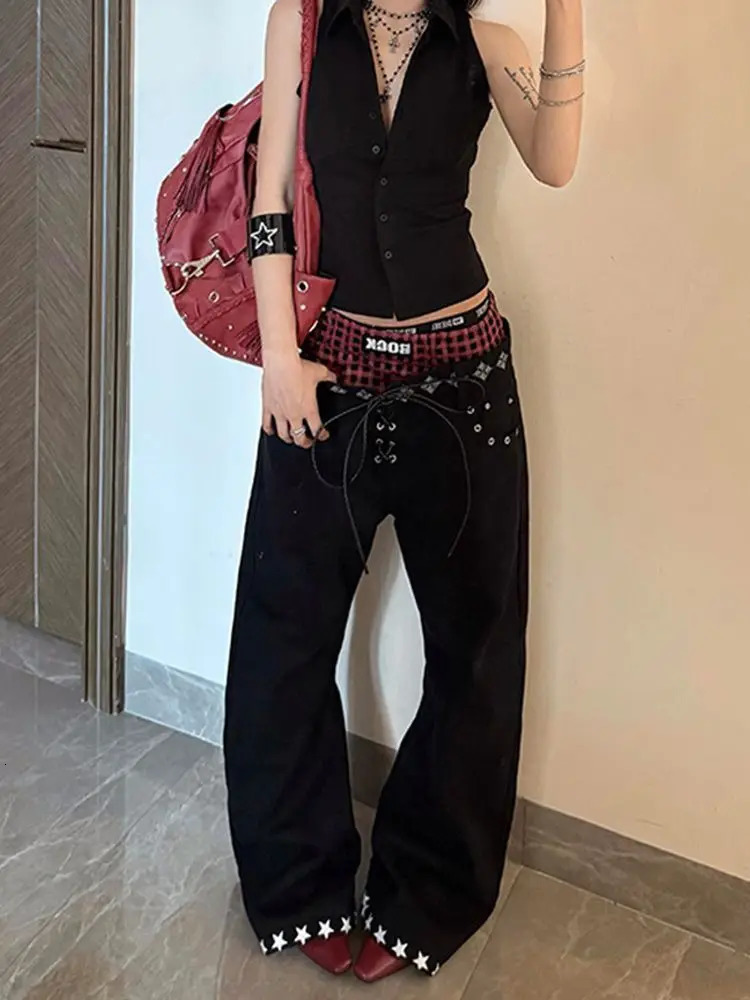 American contrasting double waist splicing drawstring print retro women jeans fashionable high street casual floor jeans 251024