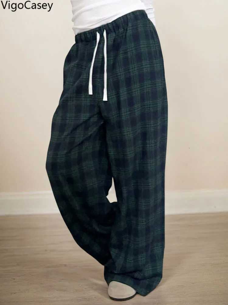 VigoCasey 2025 Women Plaid Print Pants Casual High Waist Wide Leg Pants Lady Green Baggy Pants Ladies Autumn Winter TrousersT251025