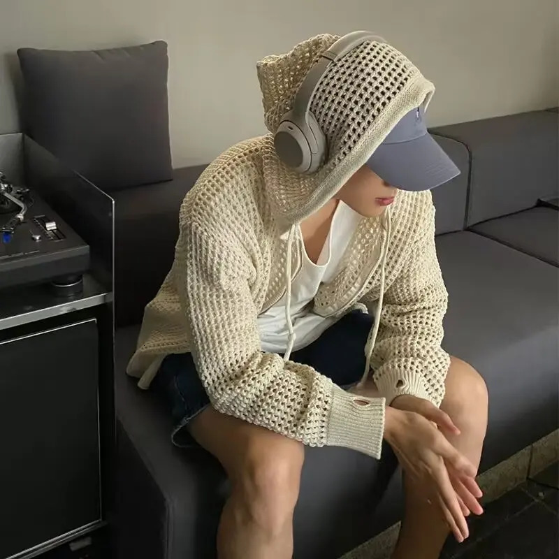 Mens Casual Hollow Coats Breathable Cardigan Sweater Summer Lightweight Hooded Knitted Top Korean Trendy Streetwear Clothe 251020