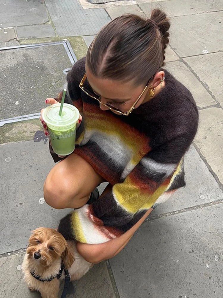 Casual Striped Knitted Fuzzy Sweater Women Cozy Loose Colorful Oneck Full Sleeves Pullover Sweaters Female Autumn Chic Lady Top 251023
