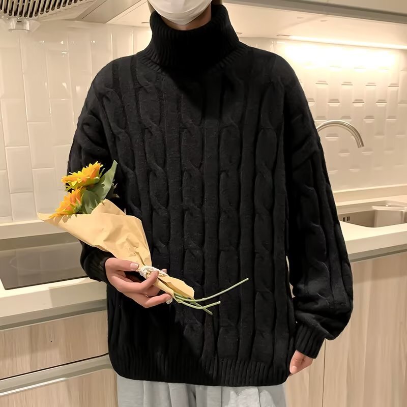 Twist Sweater For Men Youth Half Turtleneck Loose Designer Sweater Thickened Knit Sweater For Couples Solid Color Spring And Autumn