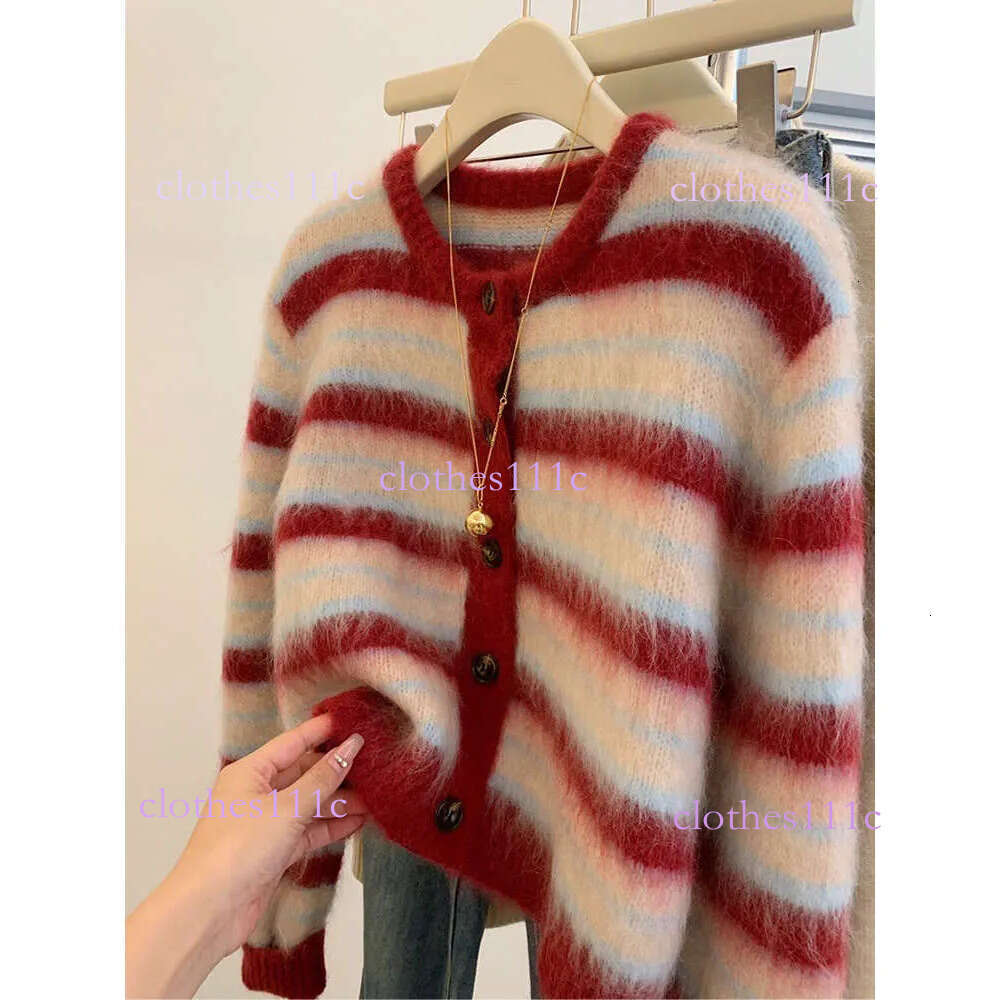 Autumn Winter New Sweet Red Striped Mohair Knitting Cardigan For Women Fashion Round Collar Single Breasted Sweater Coats