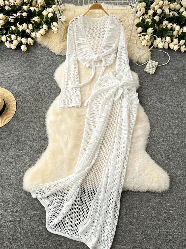 SINGREINY Vacation Two Piece Set Women Long Sleeve V Neck Short Top Adjustable Waist Split Long Skirt Knit Summer Beach Suit 251020