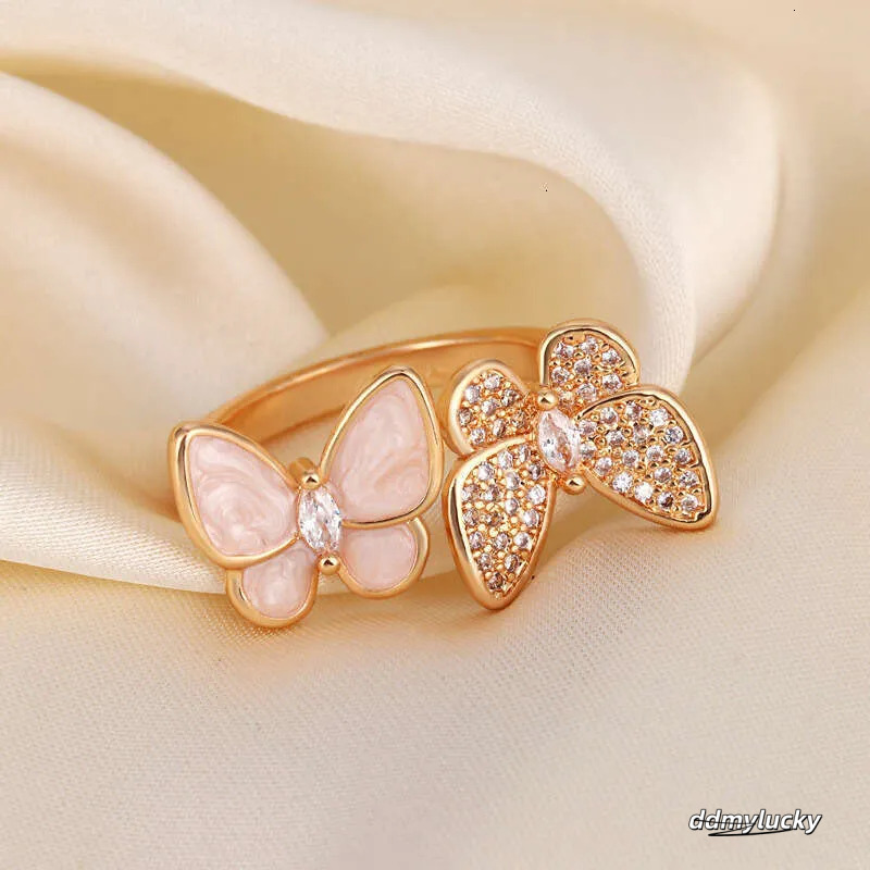 Open Adjustable Ring With Double Butterfly Design - Mother Of Pearl & Rhinestone Elegant Women's Jewelry Ddmylucky