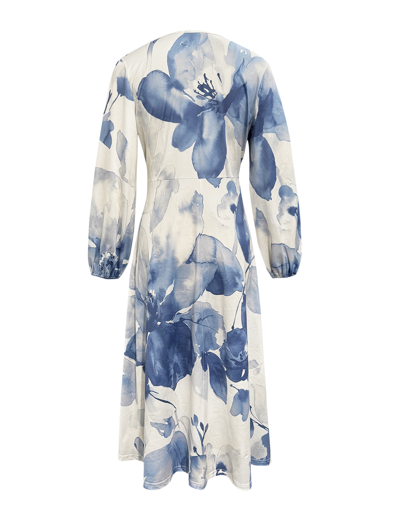 Women's Elegant Ink Floral Printed V-Neck Long Sleeve Midi Dress, Casual Commute Blue & White Dress--CF53903