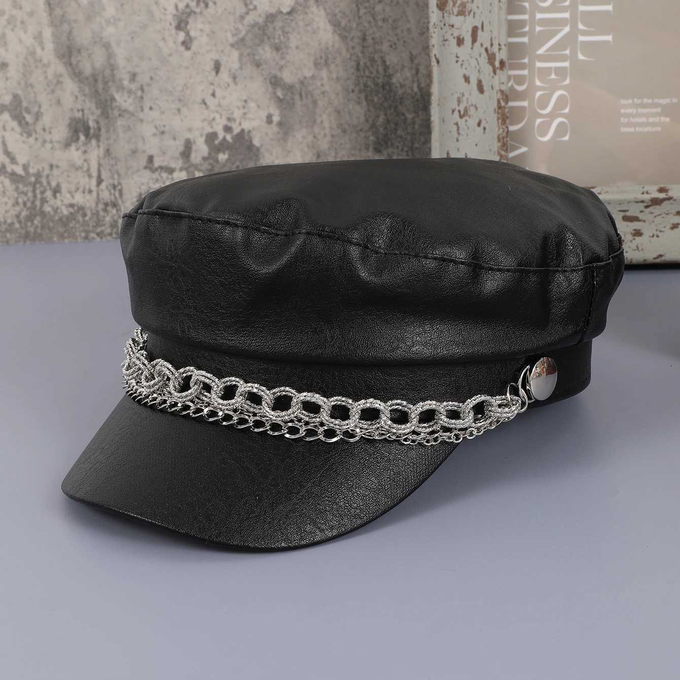 Simple British style PU leather size chain decoration newsboy hat shop trip selfie ry cover newsboy hat Y251025
