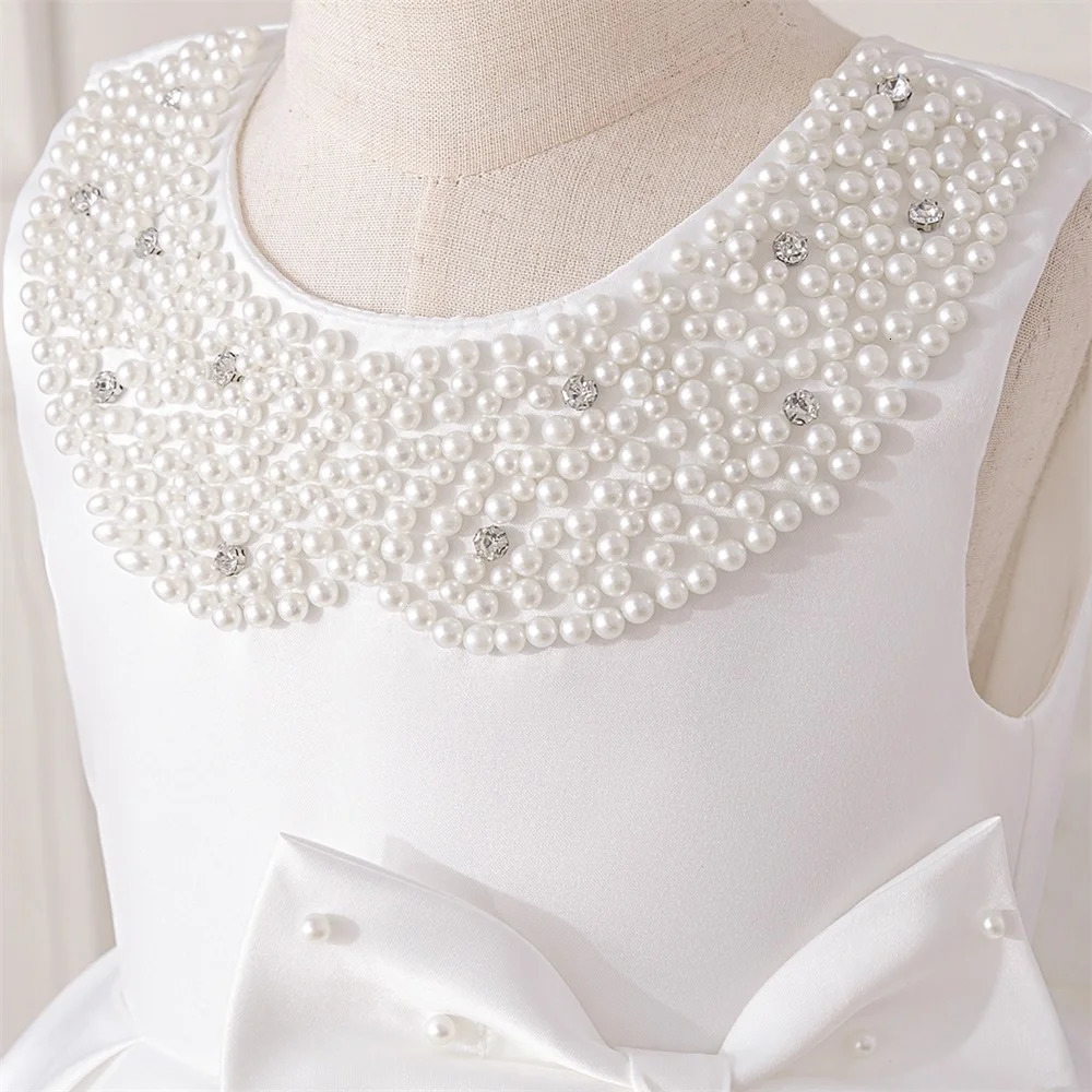 Girls Beading Carnival Party Dress Baby Girl Wedding Princess Gown Toddler Bow White Pleated Dresses Summer Formal Evening Wear 251023