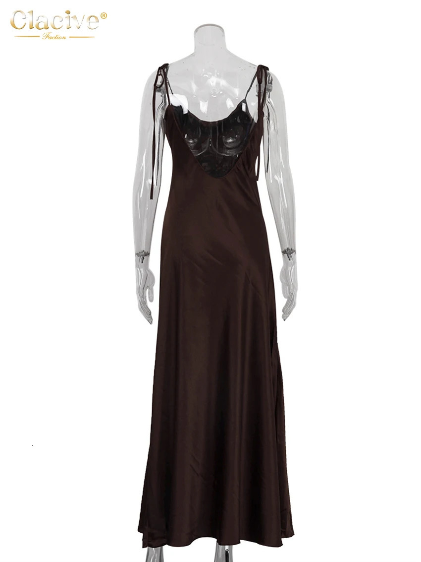 Clacive Fashion Loose Brown Satin Womens Dresses 2025 Summer Strap Sleeveless Floor Length Dress Sexy Backless Female Dress 251023