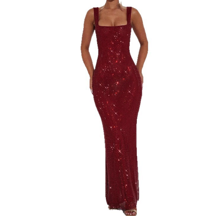 Sexy dual band sequin mesh rhinestone women's vest dress, spring and summer new elegant waistband designer pullover tight dress