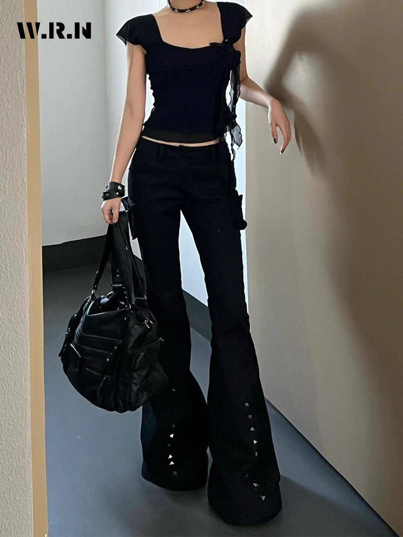 Hight Street Sheath High Waist Flared Jeans Black Kpop Retro Y2K Harajuku Pants Womens Vintage Slim 2000s Skinny Denim Trouser 251023