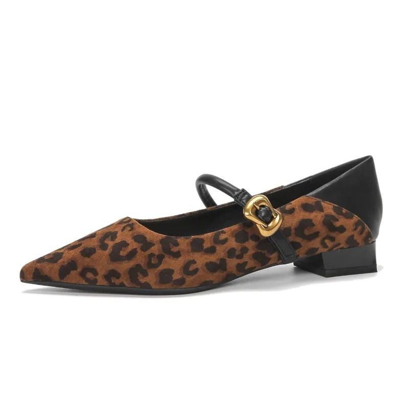 French Shallow Single Shoes Womens Summer Block Heel Vintage Leopard Print Pointed Toe Mary Jane Shoes 251023