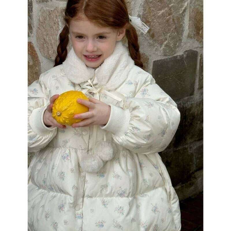 Winter Girls' Coat Warm New Small Floral Long Style Kids Clothing Casual Loose Children's Outdoor Cotton Jacket Rm117