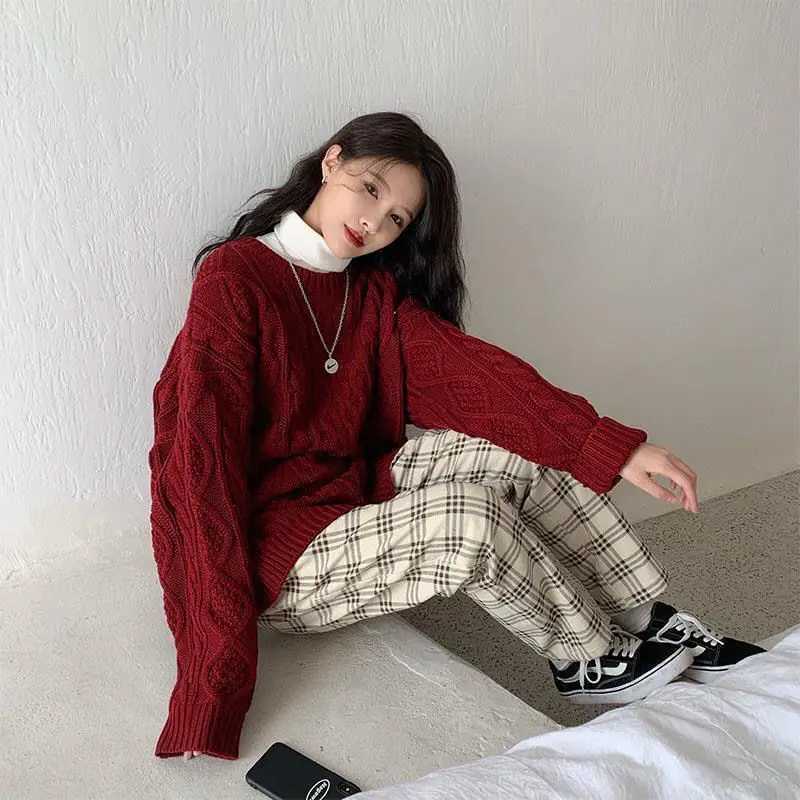 Red Vintage Knitted Sweaters Autumn Winter Pullovers for Women Chic Baggy Students Korean Style Aesthetic College Stylish BasicT251025