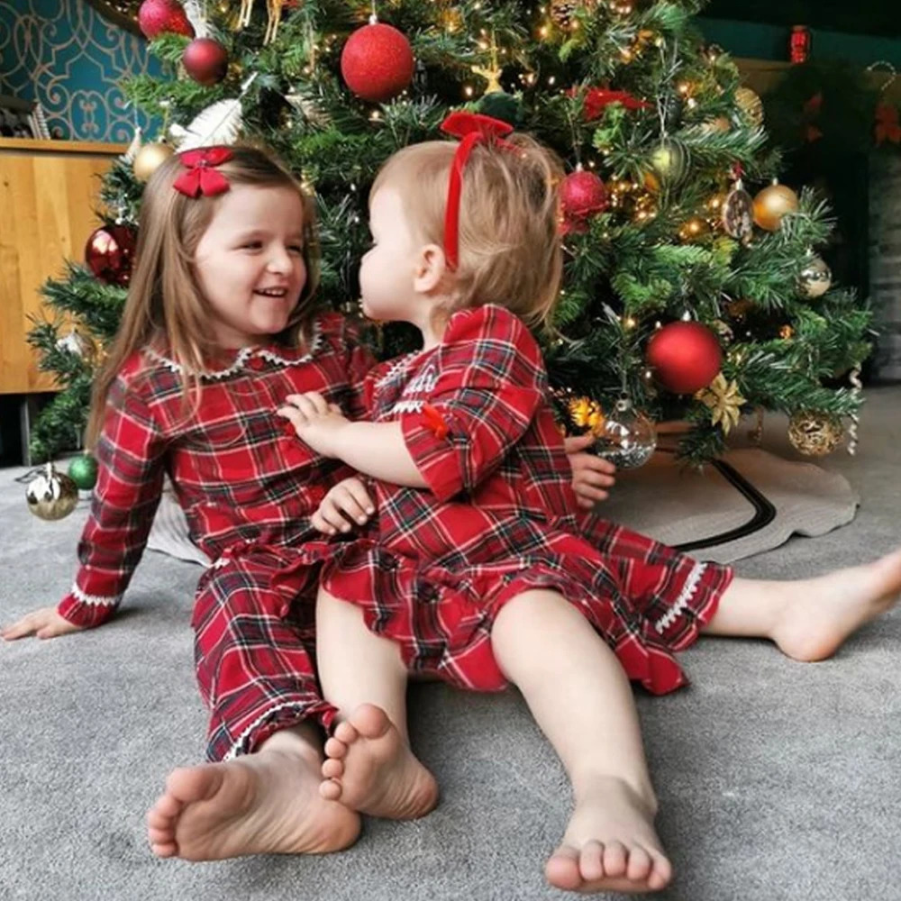 Mudbala Kids Girls Flannel Christmas Pajamas Red Checked Sibling Matching Winter Children Pyjamas Set 251023