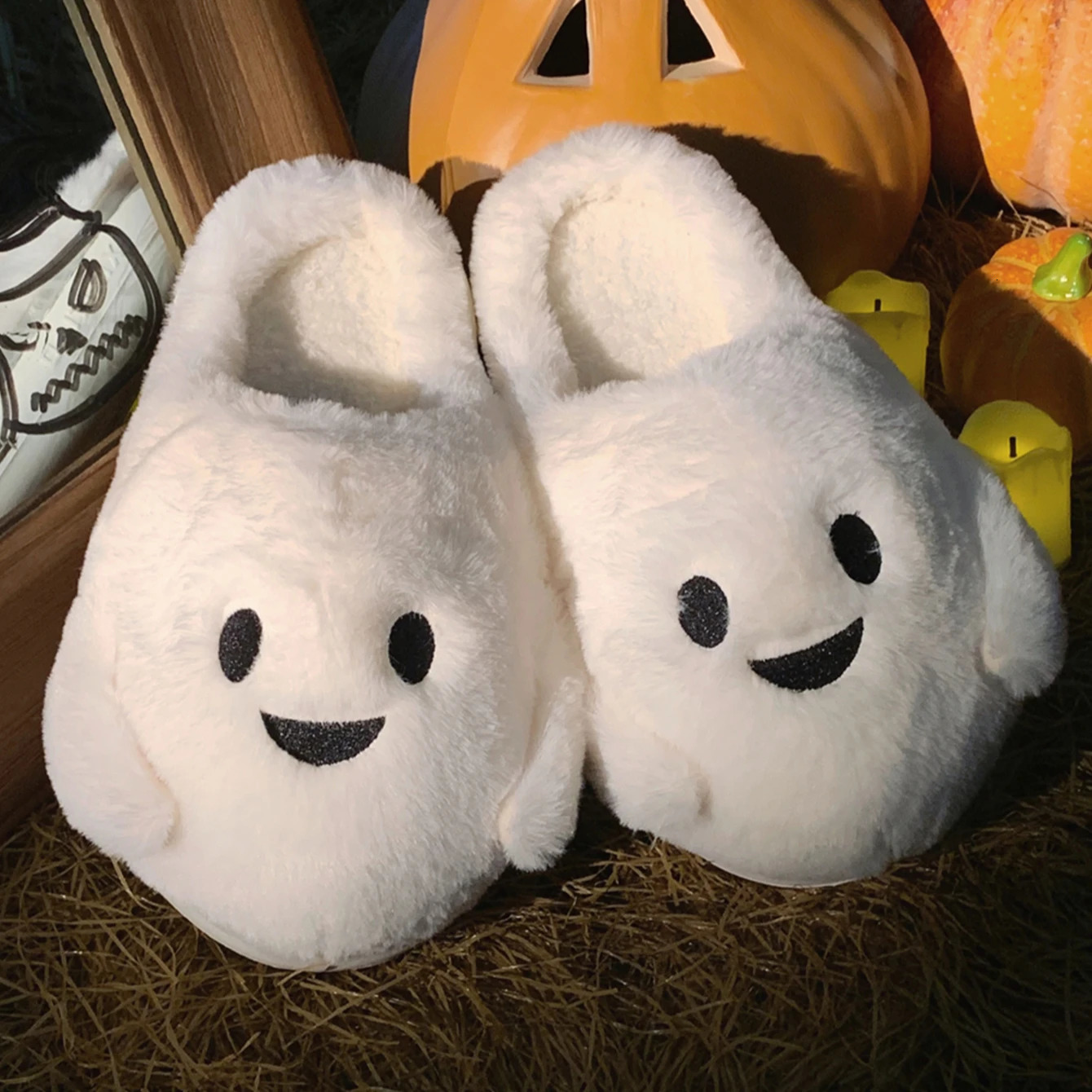 Halloween Ghost Pumpkin Bat Women Winter Slippers Casual Soft Heel Platform Fur Warm Indoor Comfortable Man Home Slippers251020