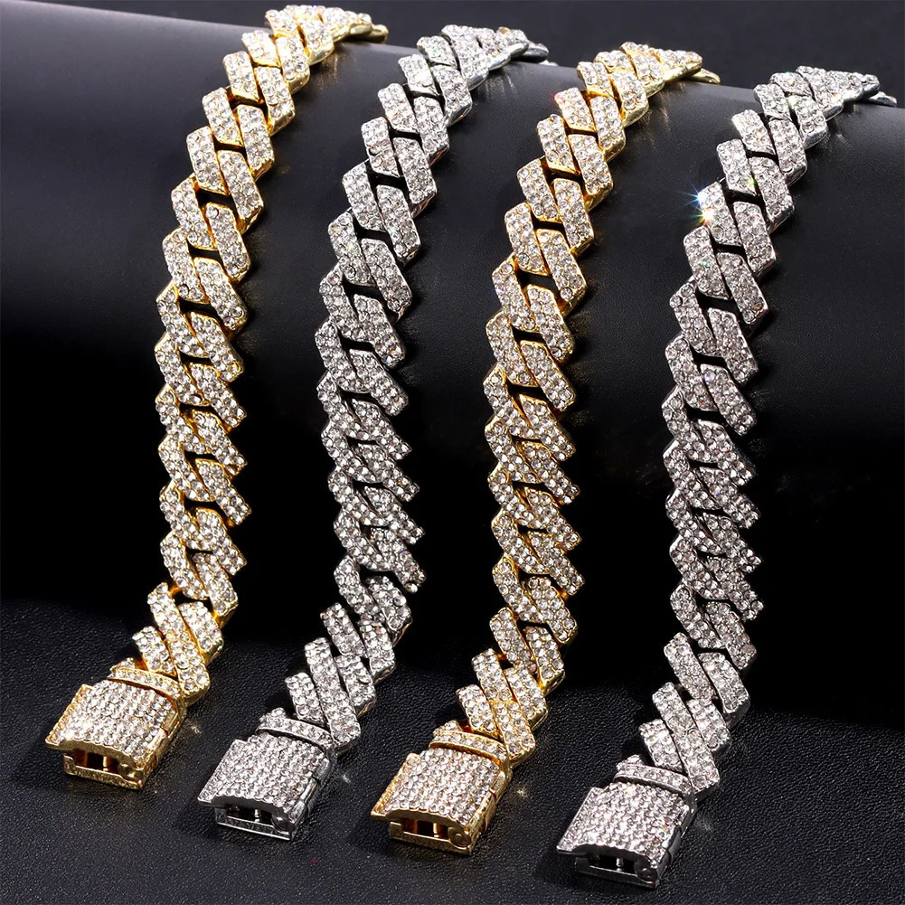 Hip Hop 14MM Prong Cuban Link Chain Necklace Bracelet Iced Out Bling Cuban Chain Rhinestone Chains For Men Punk Rapper Jewelry 251013