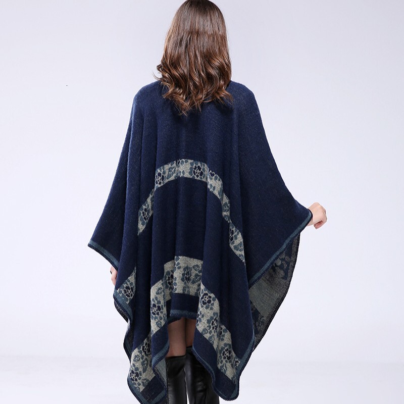 Feng Womens Autumn Winter Thickened Small Flower Warm Imitation Cashmere Shawl Cape Reversible Coat Womens Scarf