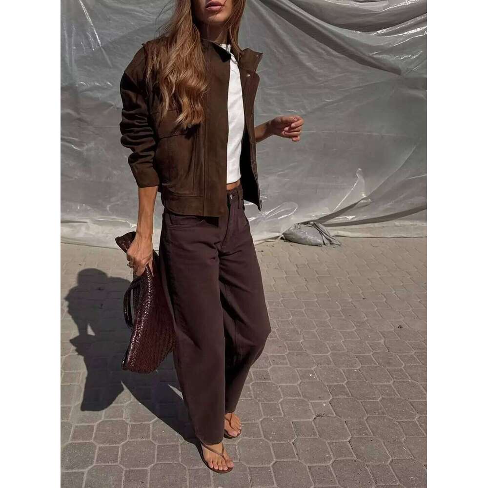 Tidalyf Women Faux Suede Jacket Stand Collar Long Sleeve Decorative Pocket Elastic Hem Casual Chic Autumn Coat