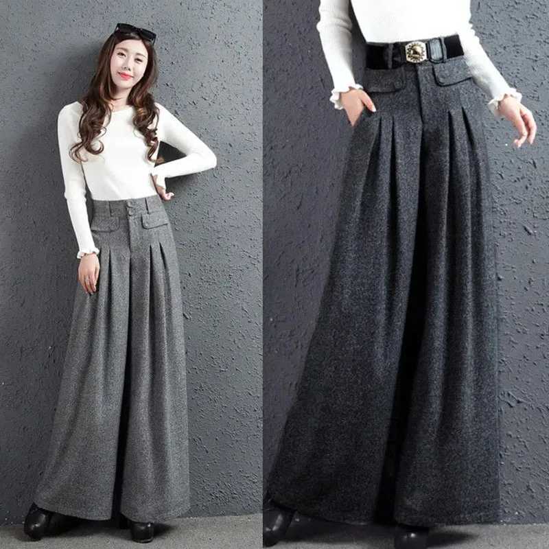 Autumn Winter Woolen Blend Culotte Elegant High Waist Wide Leg Pants Women Baggy Korean Fashion Pantalones Oversize Belt TrouserT251025