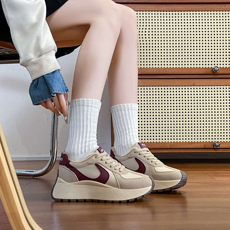New Autumn Women's Shoes Thick Sole Fleece Lined Student Height Increasing Casual Patchwork Sneakers Trendy Sports Winter Cotton Shoes Warm