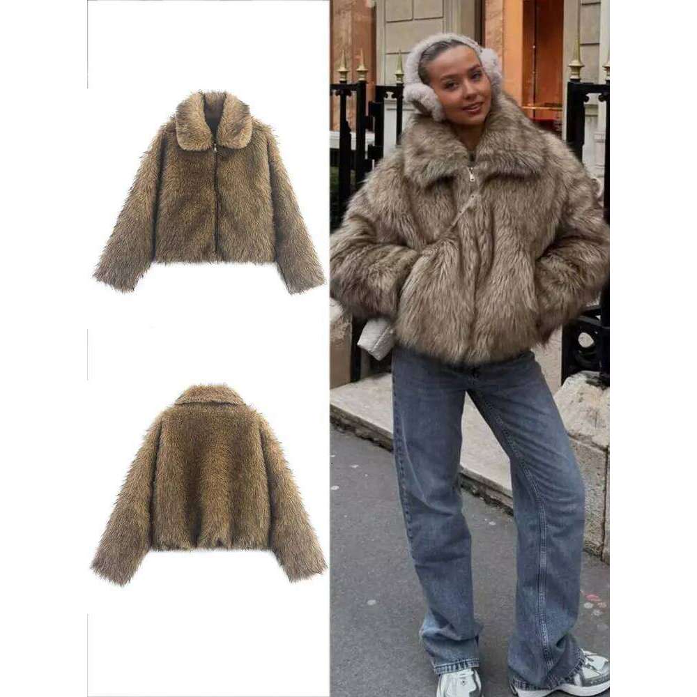 Women Winter Warm Faux Fur Coats Lapel Long Sleeve Zipper Jacket Female Fashion High Street Short Coat Outerwear