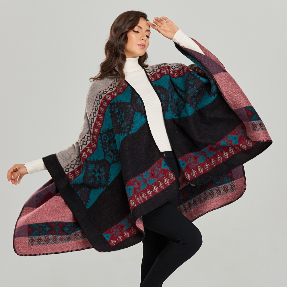Womens Cape Shawl Autumn Winter Split Warm Imitation Cashmere Scarf Cape