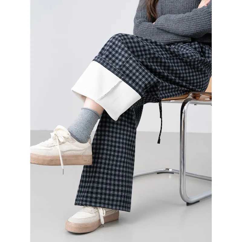 Autumn Winter New Retro Brushed Plus Velvet Plaid Casual Pants Loose Slimming Warm Straight Mens TrousersT251025