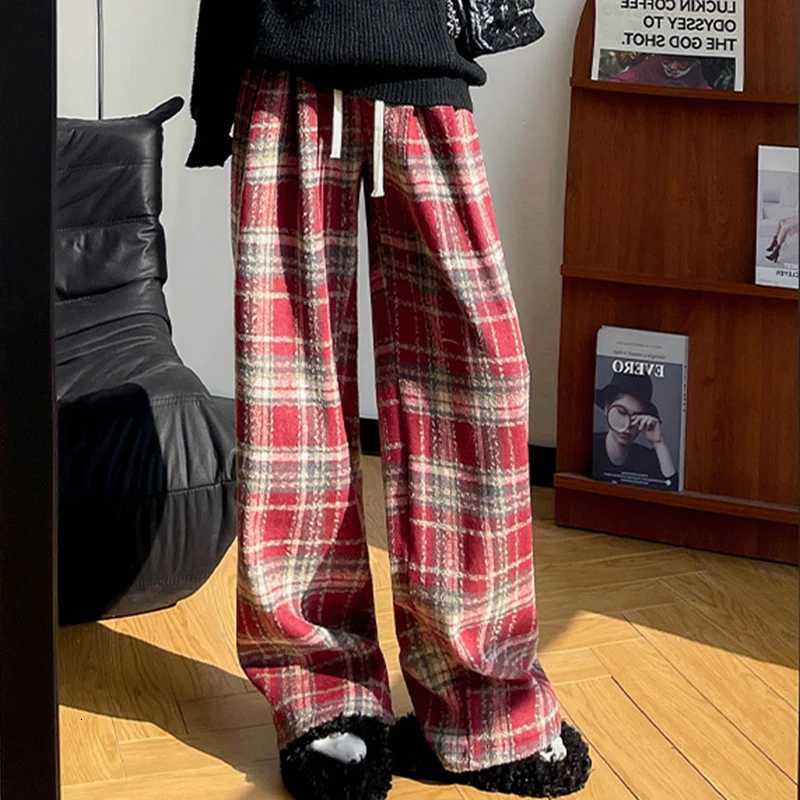 Harajuku Thicken Plaid Pants for Women Autumn Winter Fleece Wide Leg Trousers Woman Baggy Drawstring High Waist Pants LadiesT251025