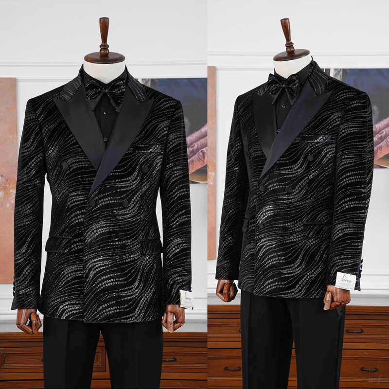 Shiny Crystals Menn's Suit Blazer Double Breasted Peaked Lapel Pants Sets Classic Fit Prom Wedding Party Customized 2 Pieces