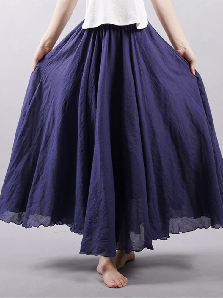 Womens Elegant High Waist Linen Maxi Skirt Summer Ladies Casual Elastic Waist 2 Layers Skirts saia feminina 251013