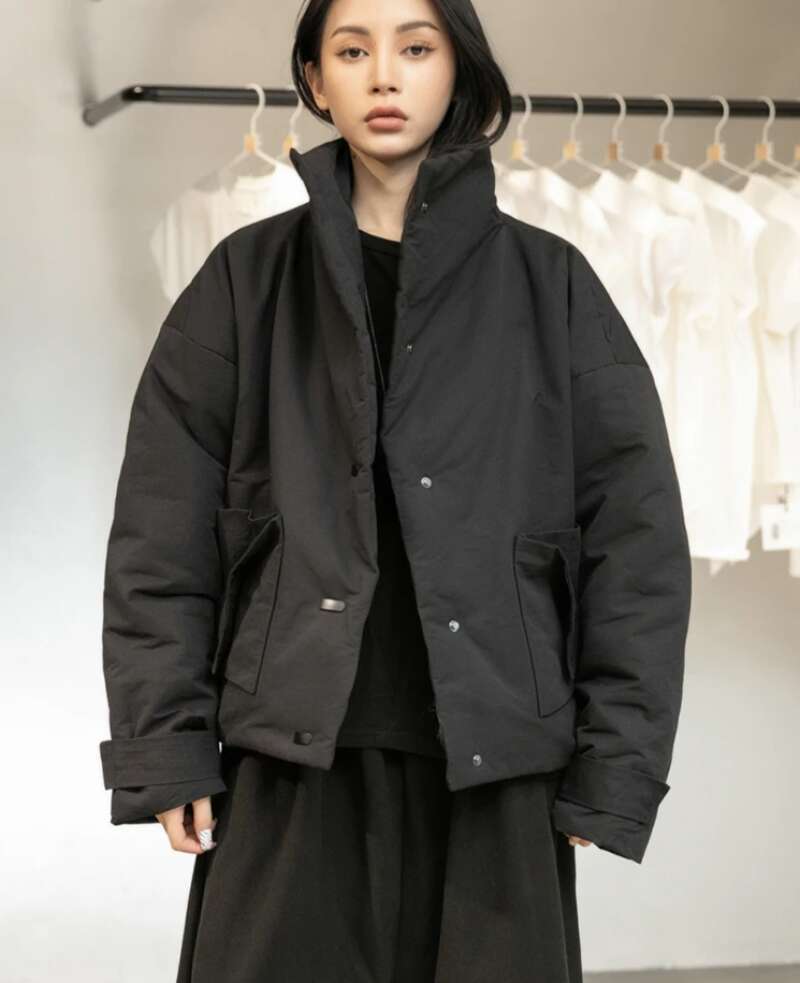 Black Warm Short Stand Collar Cotton-Padded Coat Long Sleeve Loose Fit Women Parkas Fashion New Autumn Winter 2025
