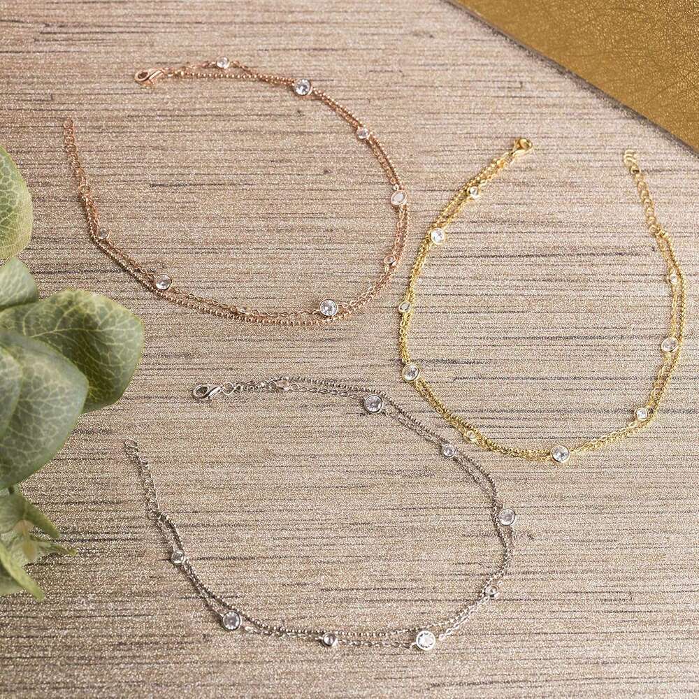 Sterling Sier 10 Inch Cubic Zirconia Bezel Set Double Layered CZ by the Yard Station Anklet for Women