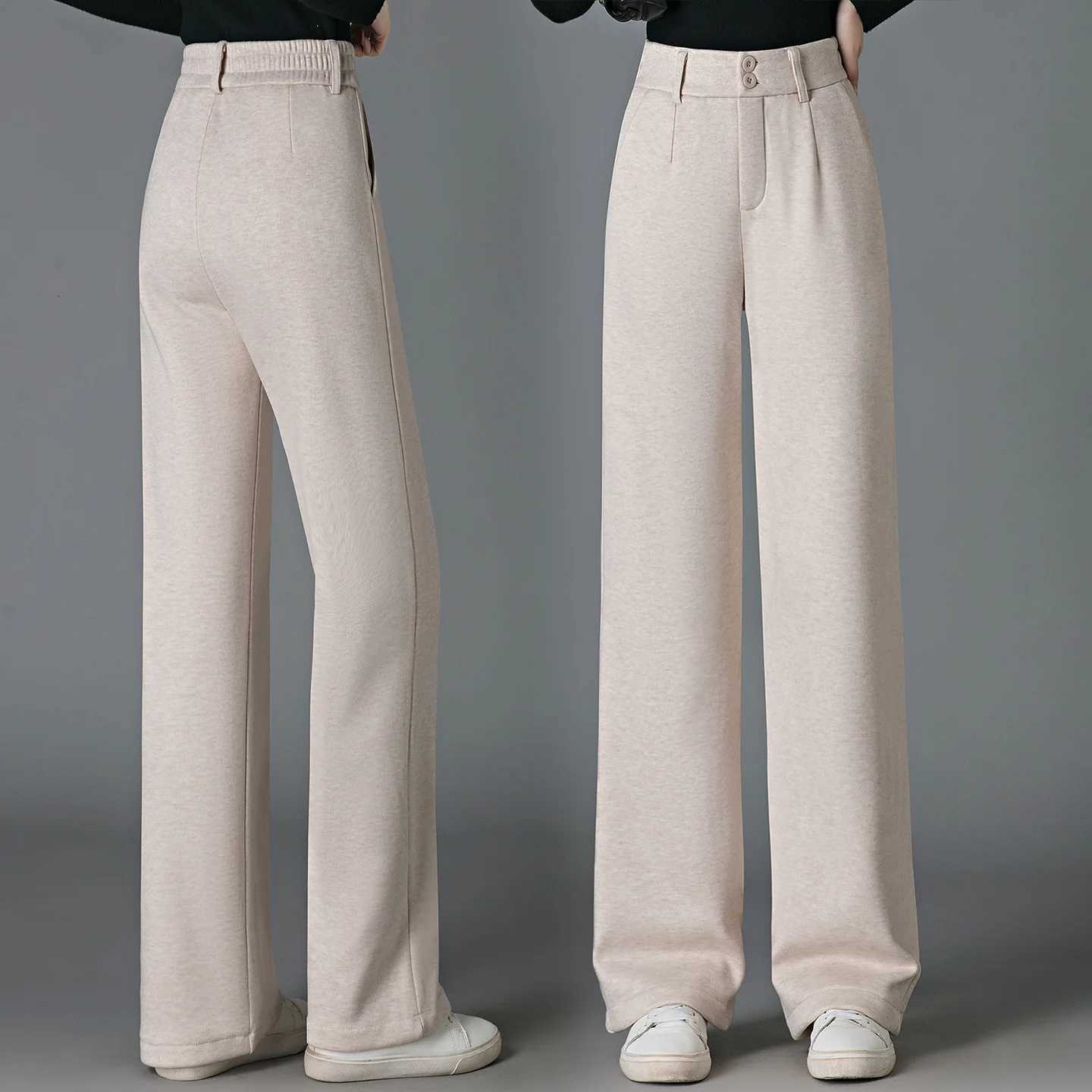 New Autumn Winter Fashionable Versatile Plus Plush Thick Warm Straight Leg Pants WomenS Casual High Waisted Wide Leg TrousersT251025