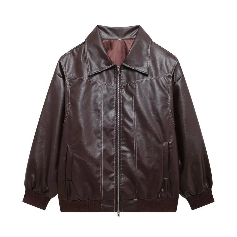 2025 Autumn New Style Retro Collar Leather Coat Jacket dongdumaoyi