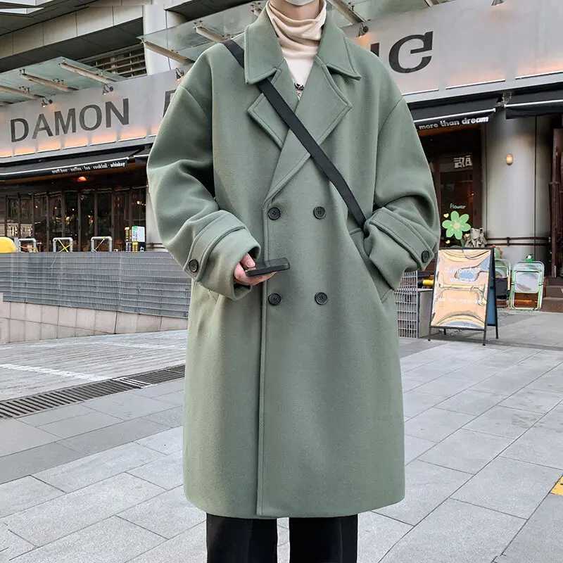 Korean Mens Wool Blend Coat XLong Notched Collar Double Breasted Pea Coat Trench OvercoatT251025