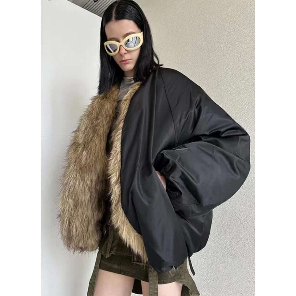 Jusahy Women Winter New Furry Solid Casual Street Chic Straight Classic Thicken Patchwork Turn Down Collar Padded Jacket NEW
