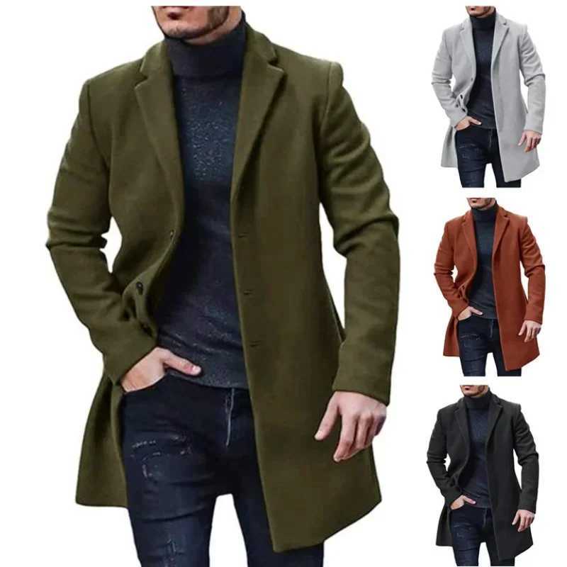 New Mens Coat Woolen Overcoat Windbreaker Solid Color Trench Autumn and Winter Outerwear Cardigan Jaqueta MasculinaT251025