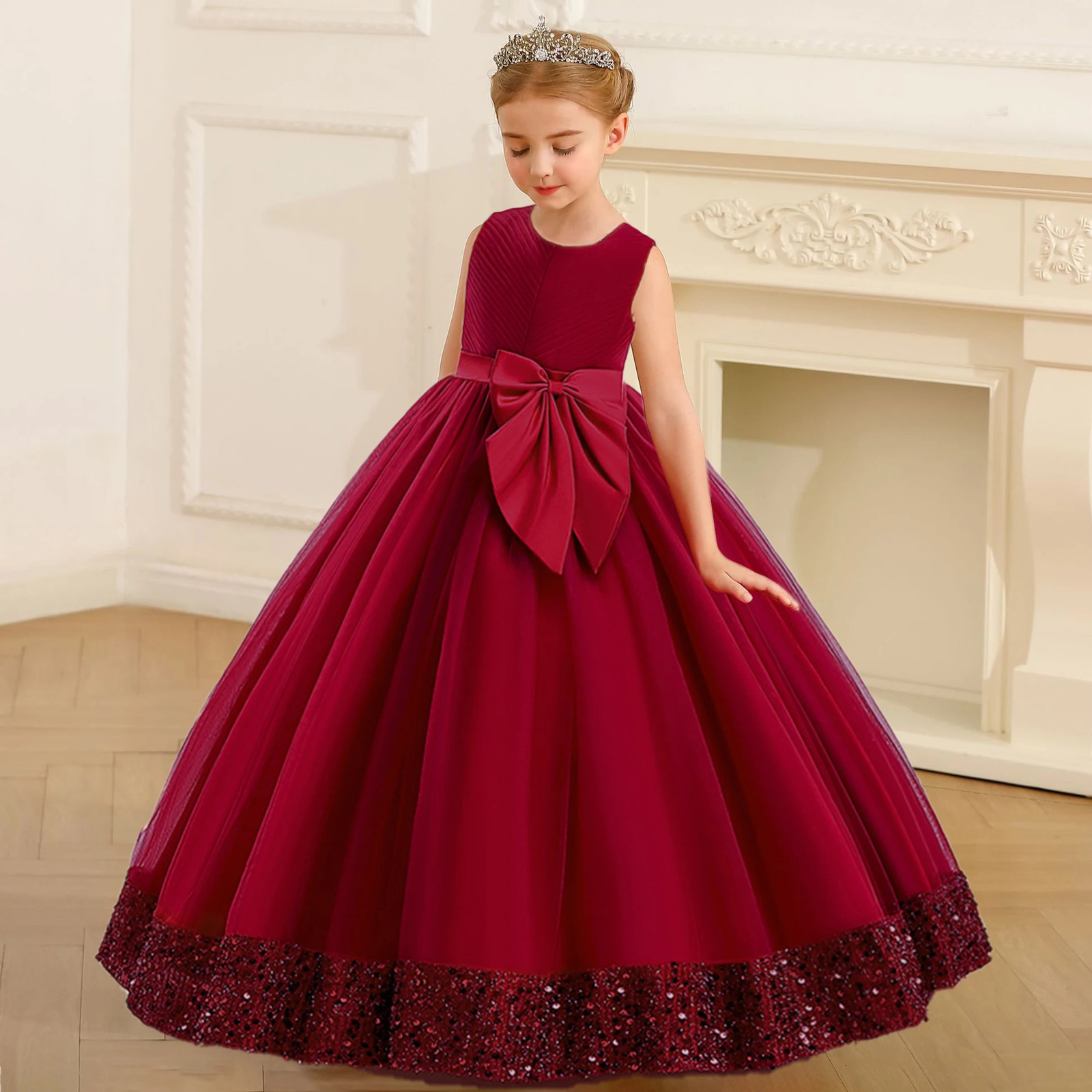 Fluffy Sequin Bridemaid Princess Girls Dress Elegant Bow Pink Wedding Prom Evening Kids Party Dresses for Girl Birthday Costumes 251023