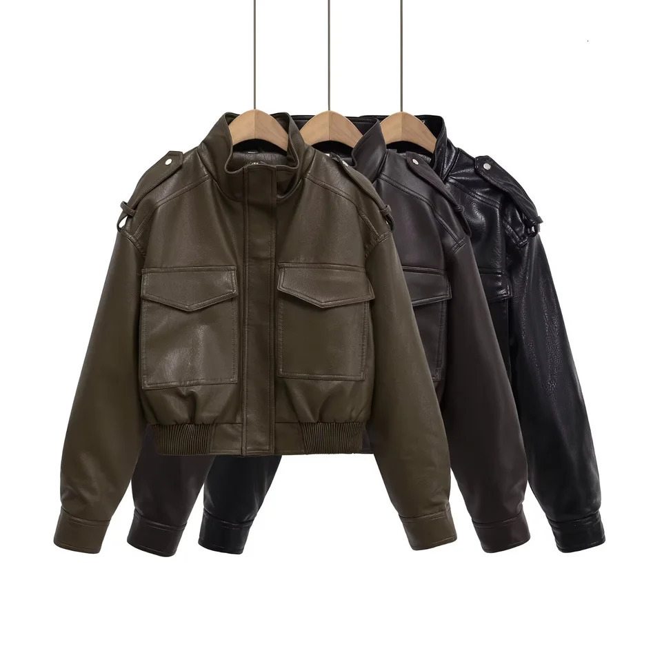 UNIZERA autumn womens retro large pocket workwear zipper stand collar leather loose longsleeved short jacket 251020