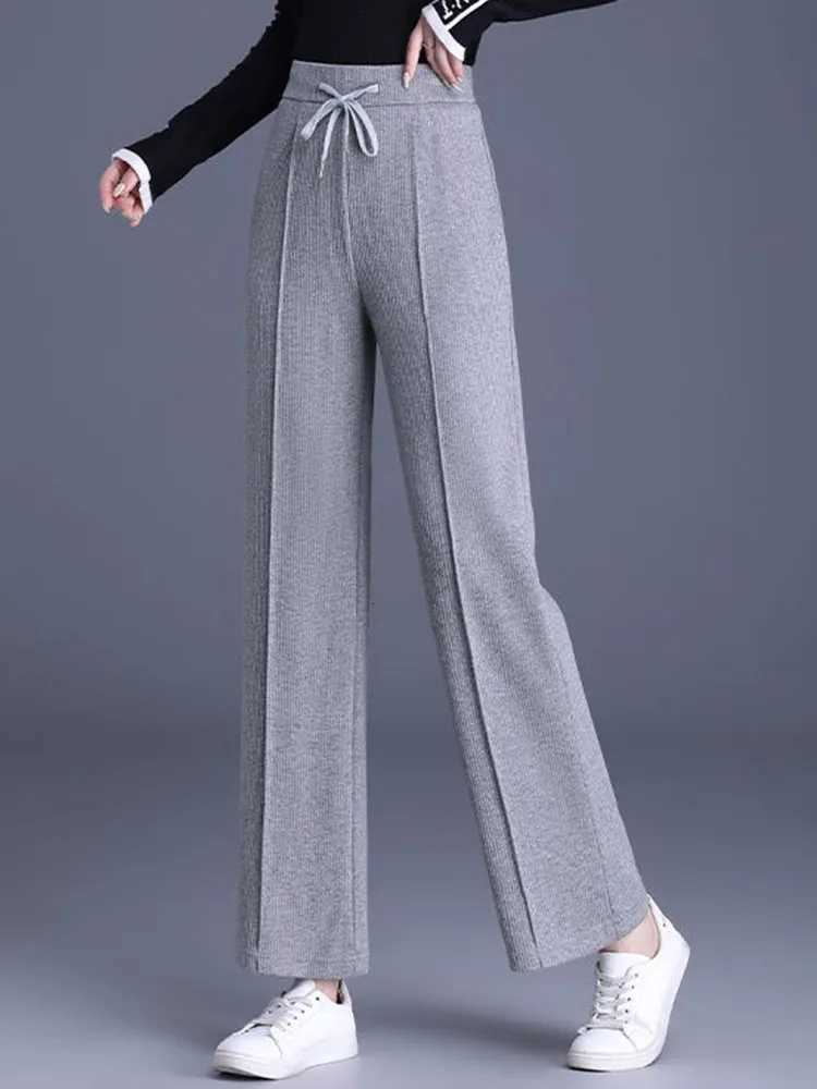 Winter Warm Thicken Loose Straight Pants Korean Elastic High Waist Lace Up Wide Leg Pantalones Casual Velvet Lined SweatpantsT251025