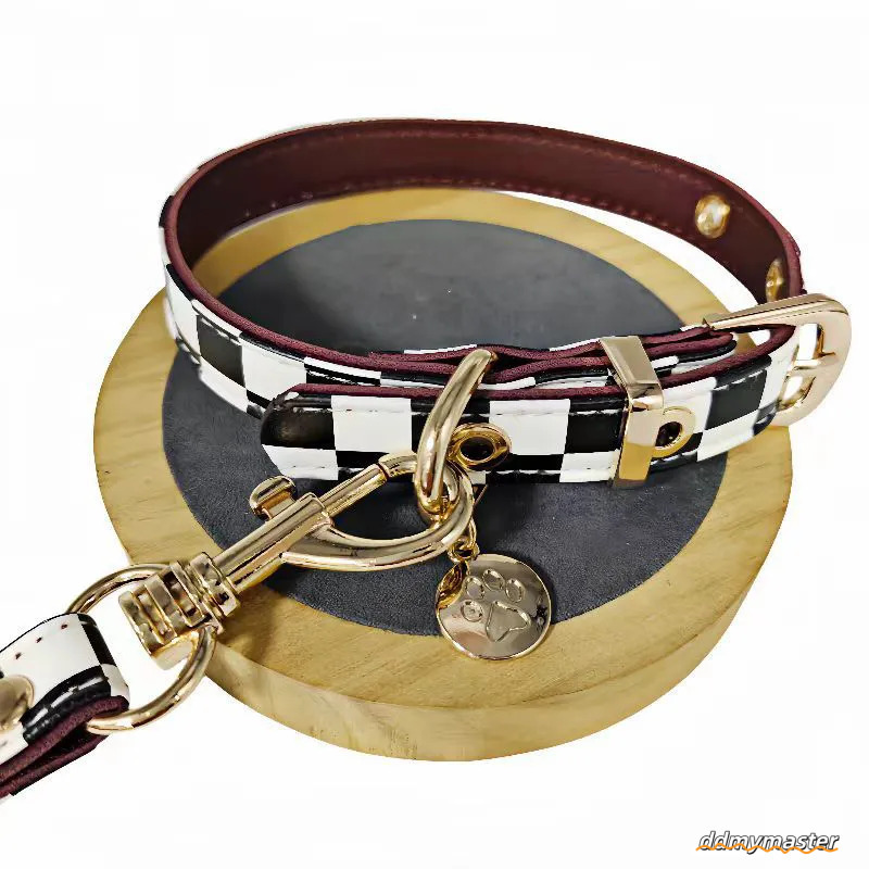 Classic Plaid Dog And Leash Set - Adjustable Leather Collar With Charm For Small To Medium Dogs Ddmymaster