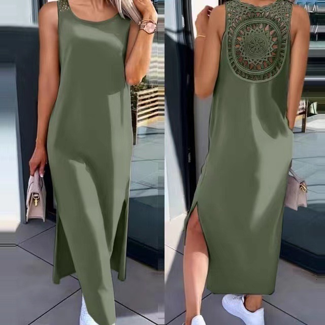 Women's Lace Hollow Out Strap Sleeveless Slit Tank Over-the-Knee Mid-Length Summer Dress