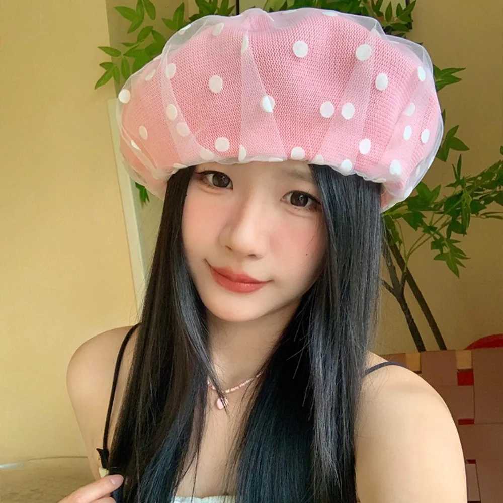 Fashion Korean Polka Dot Berets Mesh Y2k Knit Painter Cs Lace Casual Beanie C Spring Summer Y251025