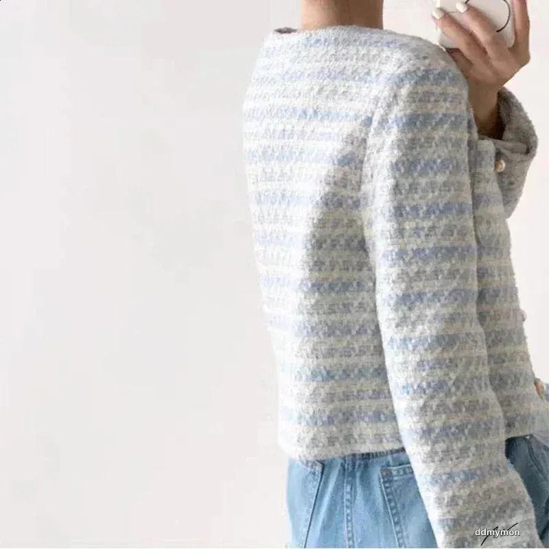 Cropped Cardigan: Elegant Single-Breasted Autumn/Winter Pearl Button Long Sleeve Outwear Top - Perfect For Chic Style, Ladies Blue Tweed Jacket Ddmymo