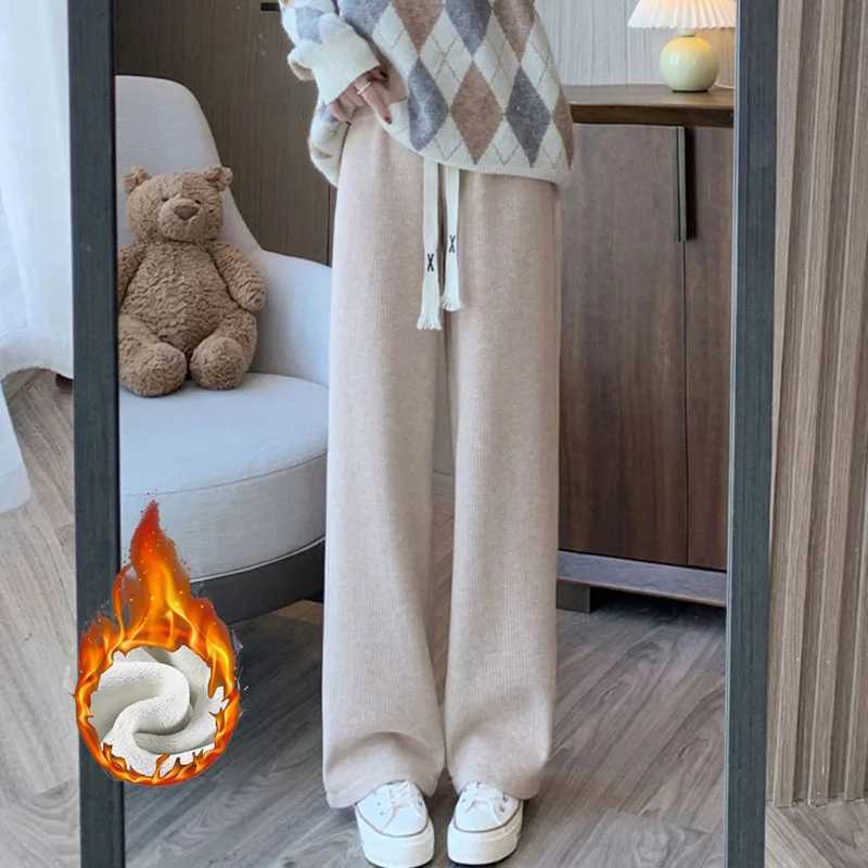 Winter Girls High Waisted Baggy Plush Pants Female Straight Leg Warm Thermal Trousers Lady Korean Drawstring Casual PantsT251025
