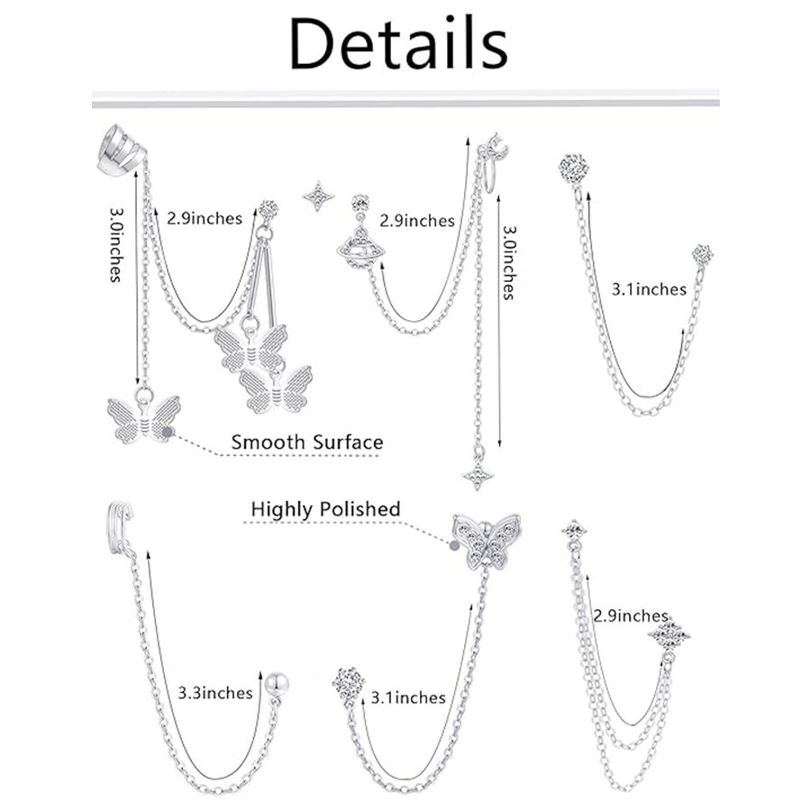 6 Pairs Cuff Earrings Chain Drop Dangle Earrings with CZ Inlaid Wrap Threader Tassel Earrings Cartilage Double Piercing Holes Stainless Steel Earring 