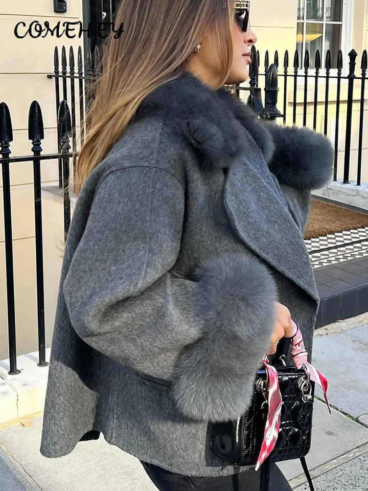 Winter Warm Fur Spliced Woolen Coat Women Loose Lapel Long Sleeve Solid Female Jacket 2025 Autumn Lady Elegant Outwear 251013