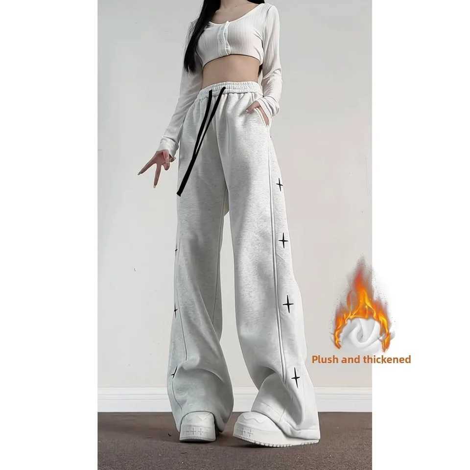 Womens Velvet Star Print Straight Leg Pants Korean Casual Sports Autumn Winter New Item for StudentsT251025