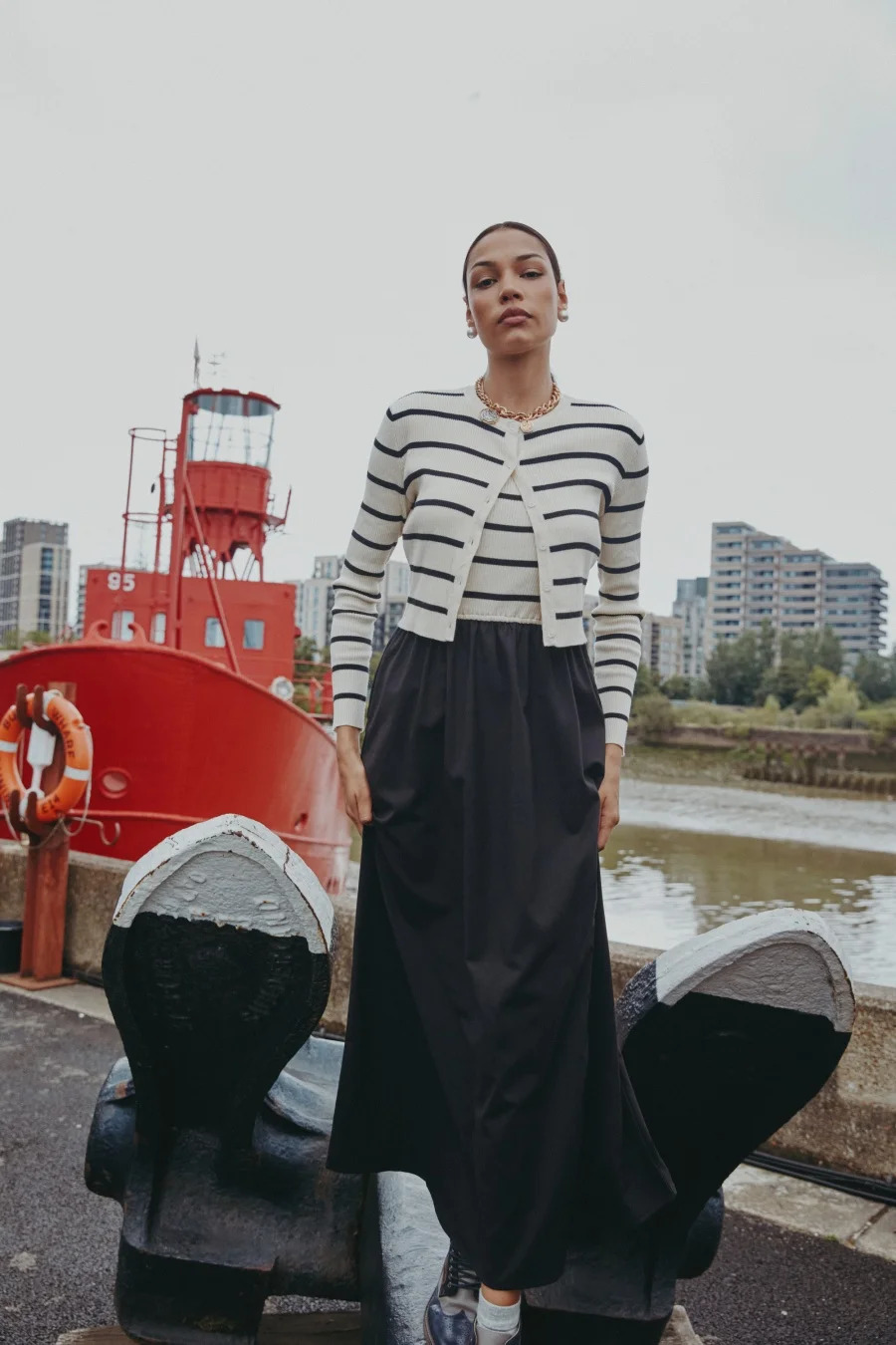 AS AW25 stripe knitting cardigan sleeveless patch dress maxi matching set for woman clothing 251023