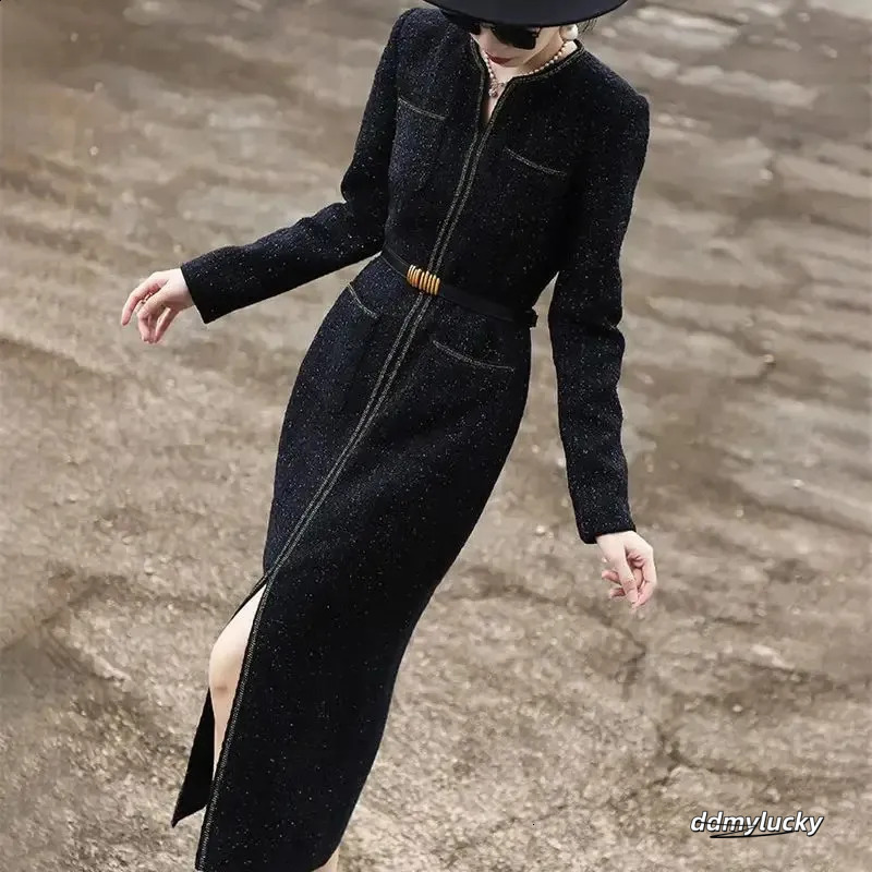 Tweed Dresses Women, Elegant Midi With Bright Silk Accents, Long Sleeves, Slim Fit Party Dress For Celebrations Ddmylucky